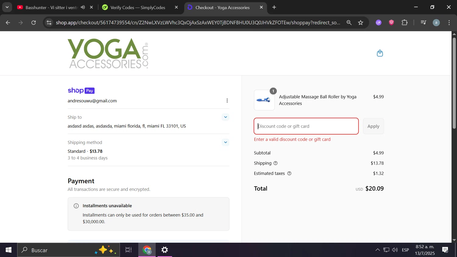 YogaAccessories.com promo code screenshot showing code ROLLER50 applied at YogaAccessories.com checkout page. Uploaded by SimplyCodes community member Anderson on Jul 13, 2025