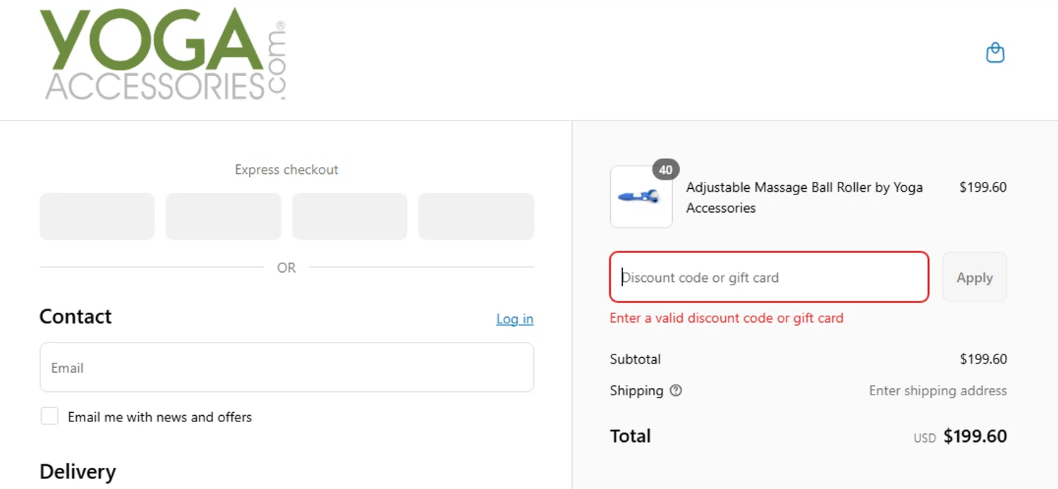 YogaAccessories.com promo code screenshot showing code ROLLER50 applied at YogaAccessories.com checkout page. Uploaded by SimplyCodes community member CouponLion324 on Jul 13, 2025