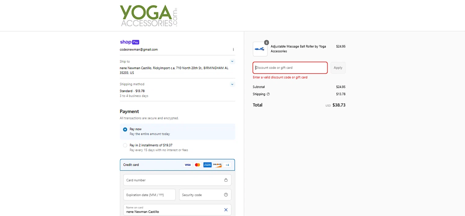 YogaAccessories.com promo code screenshot showing code ROLLER50 applied at YogaAccessories.com checkout page. Uploaded by SimplyCodes community member larenacida on Jul 13, 2025