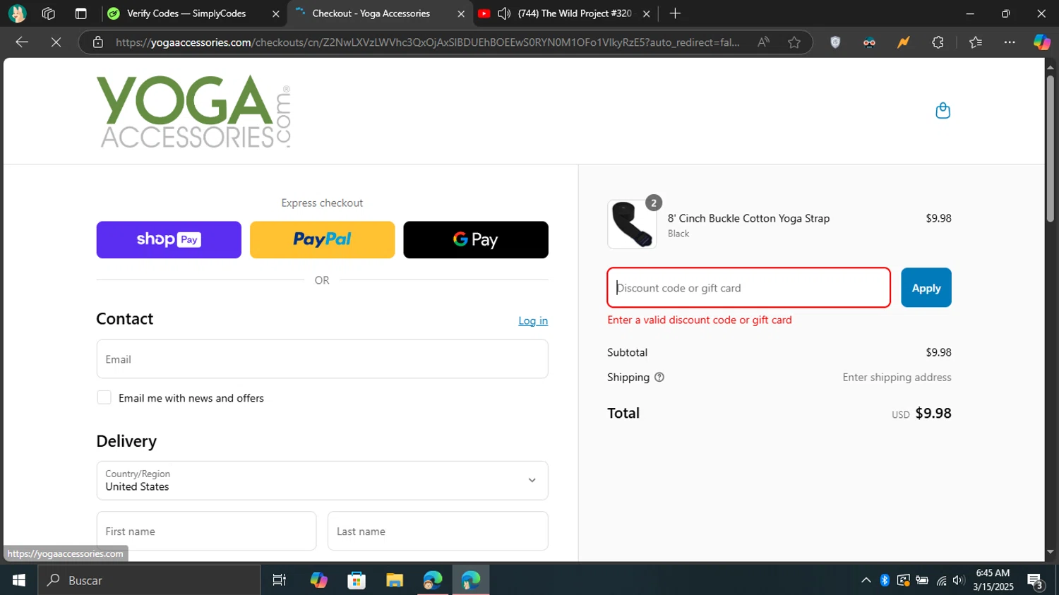YogaAccessories.com promo code screenshot showing code strap50 applied at YogaAccessories.com checkout page. Uploaded by SimplyCodes community member Don_Quixote on Mar 15, 2025