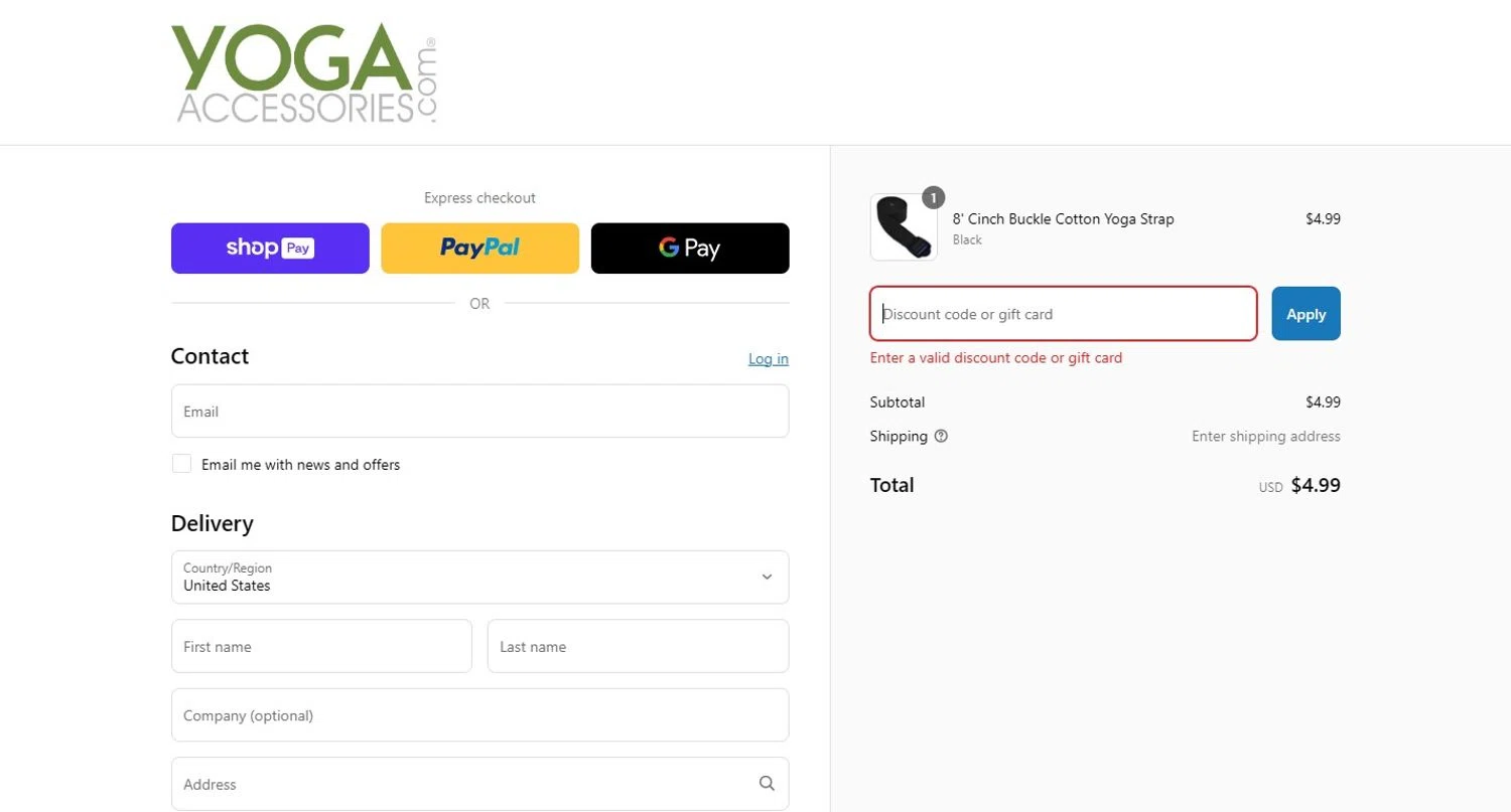 YogaAccessories.com promo code screenshot showing code strap50 applied at YogaAccessories.com checkout page. Uploaded by SimplyCodes community member PennyHero5335 on Mar 15, 2025
