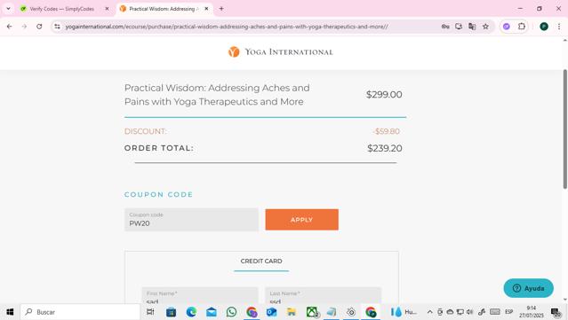 Yoga International checkout page showing Yoga International promo code box | Screenshot taken by SimplyCodes community member on Jul 27, 2025