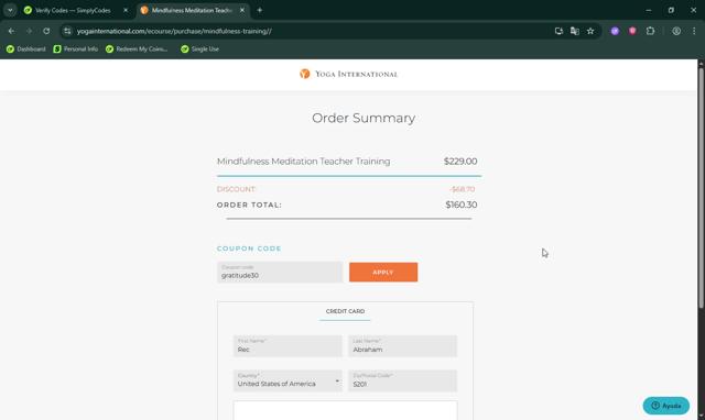 Yoga International checkout page showing Yoga International promo code box | Screenshot taken by SimplyCodes community member on Jul 27, 2025