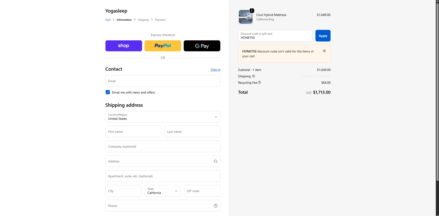 Yogasleep discount code screenshot showing code HONEY50 applied at Yogasleep checkout page. Uploaded by SimplyCodes community member SavvyLynx6076 on Nov 25, 2025