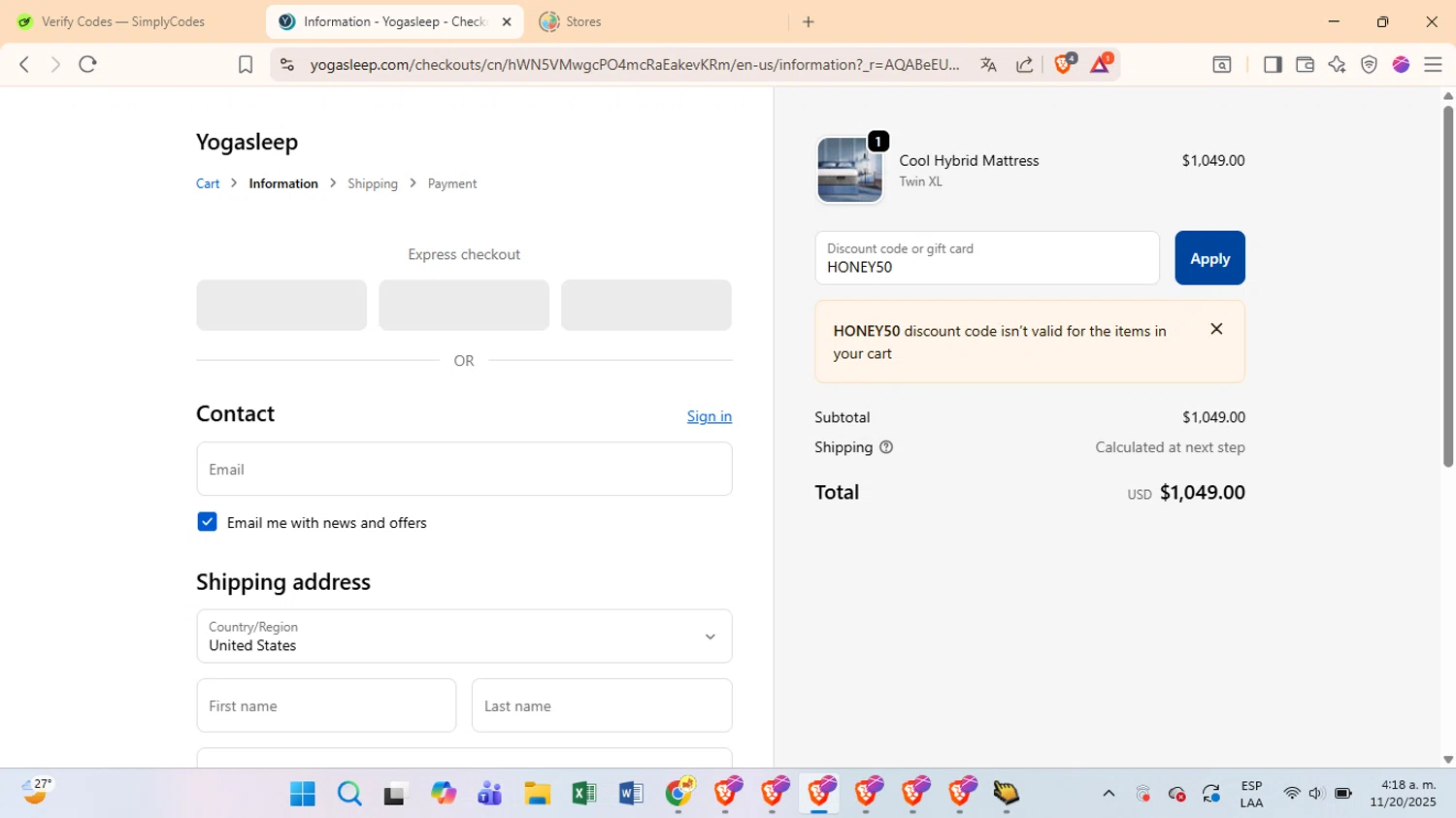 Yogasleep discount code screenshot showing code HONEY50 applied at Yogasleep checkout page. Uploaded by SimplyCodes community member ScanRanger3795 on Nov 20, 2025