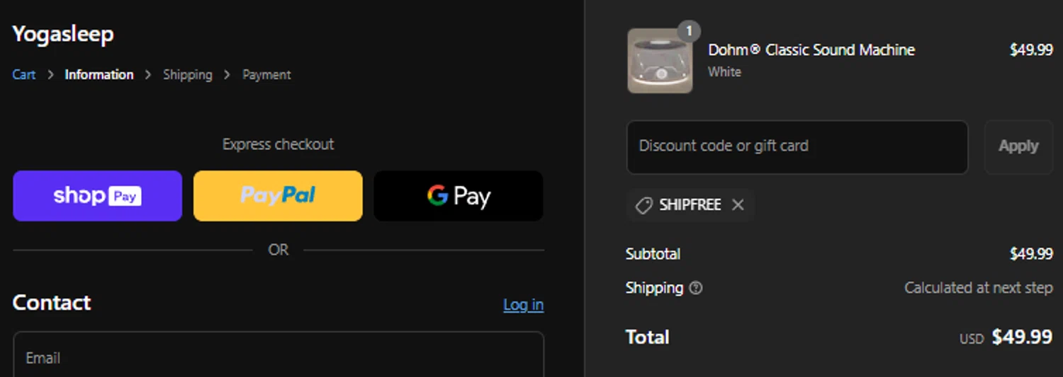 Yogasleep discount code screenshot showing code shipfree applied at Yogasleep checkout page. Uploaded by SimplyCodes community member SpiderGwen on Jun 26, 2025