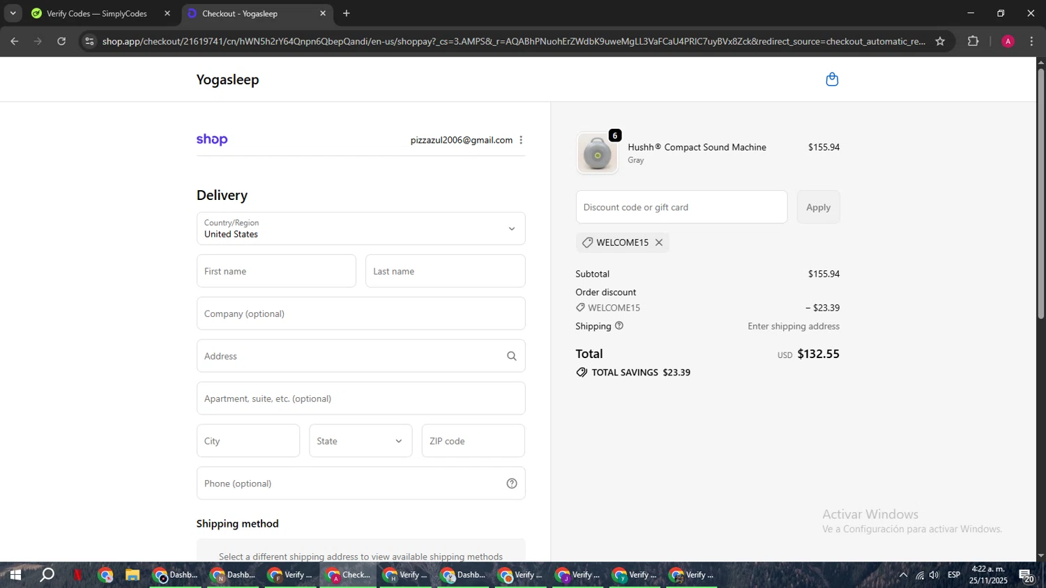 Yogasleep discount code screenshot showing code WELCOME15 applied at Yogasleep checkout page. Uploaded by SimplyCodes community member BMWGS1200 on Nov 25, 2025