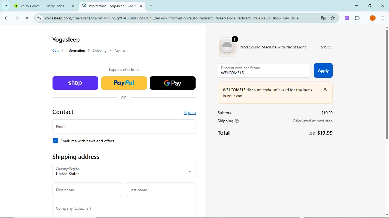 Yogasleep discount code screenshot showing code WELCOME15 applied at Yogasleep checkout page. Uploaded by SimplyCodes community member BudgetFox5491 on Oct 19, 2025