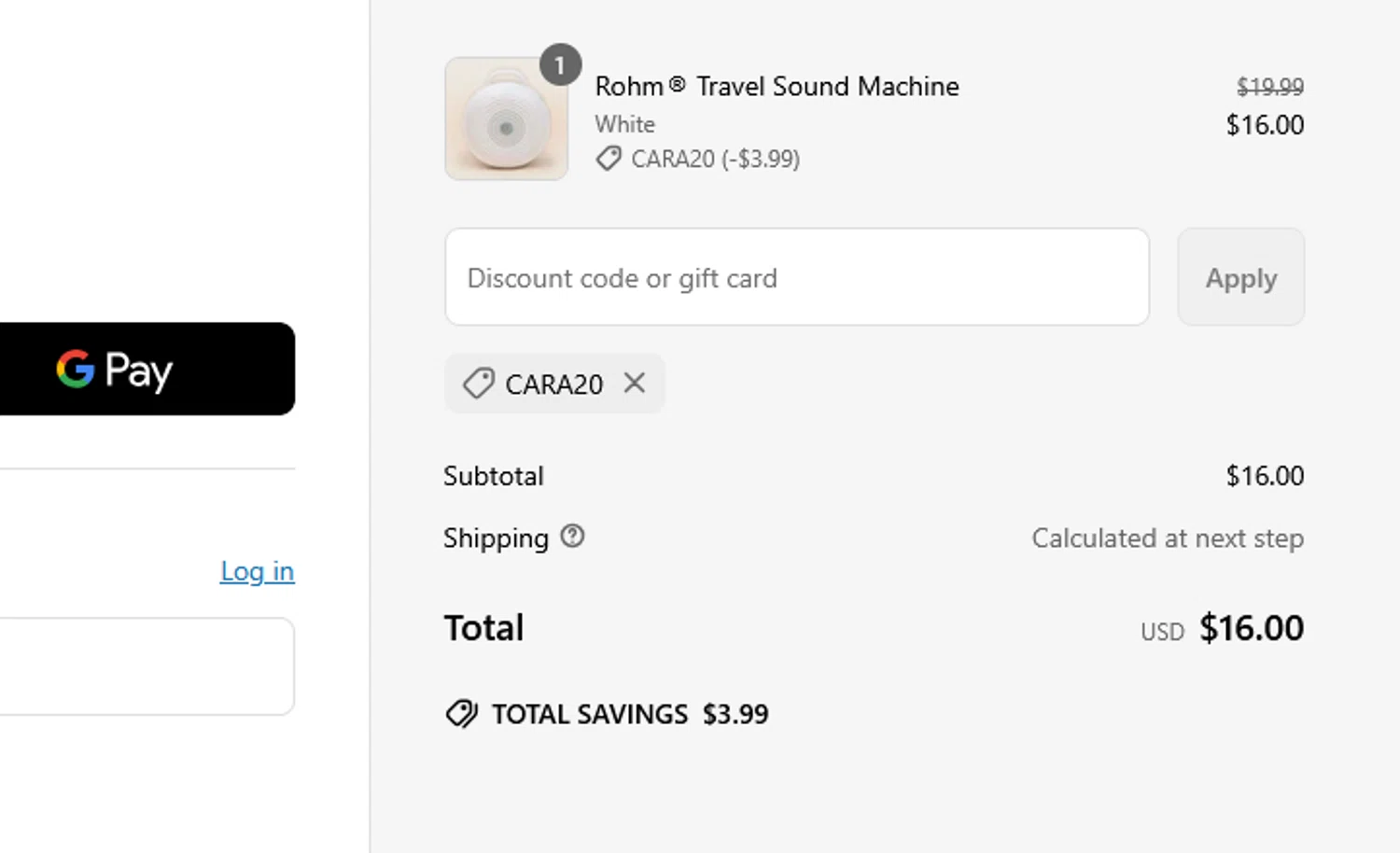 Yogasleep discount code screenshot showing code CARA20 applied at Yogasleep checkout page. Uploaded by SimplyCodes community member CRYSTALSUICINE on May 26, 2025