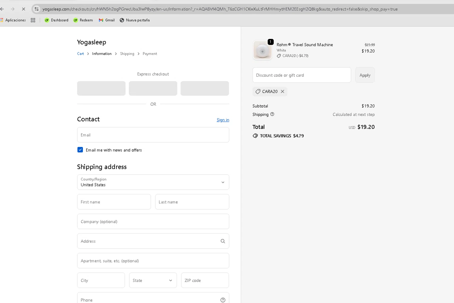 Yogasleep discount code screenshot showing code CARA20 applied at Yogasleep checkout page. Uploaded by SimplyCodes community member Turiderss on Nov 25, 2025