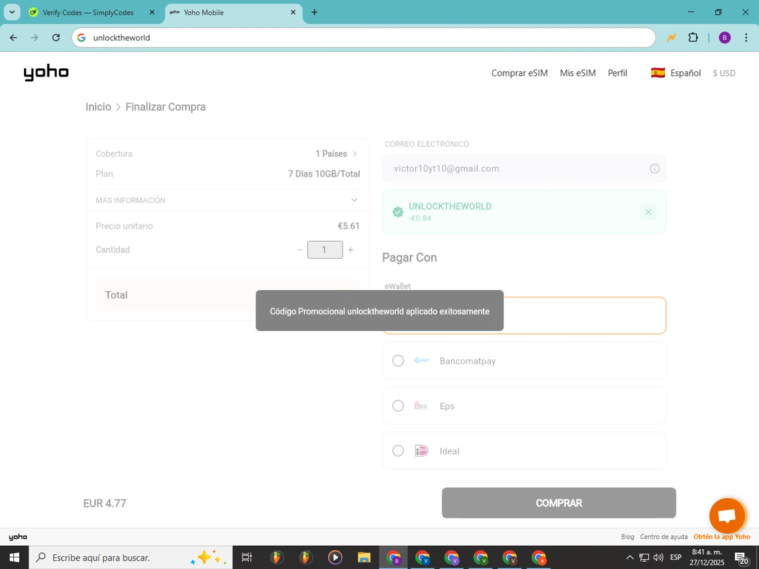 Yoho Mobile promo code screenshot showing code unlocktheworld applied at Yoho Mobile checkout page. Uploaded by SimplyCodes community member Soyvictor on Dec 27, 2025