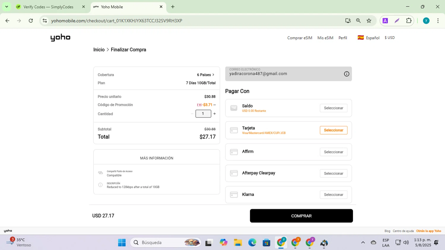 Yoho Mobile promo code screenshot showing code YOHO2025 applied at Yoho Mobile checkout page. Uploaded by SimplyCodes community member yadiracg074 on Aug 5, 2025