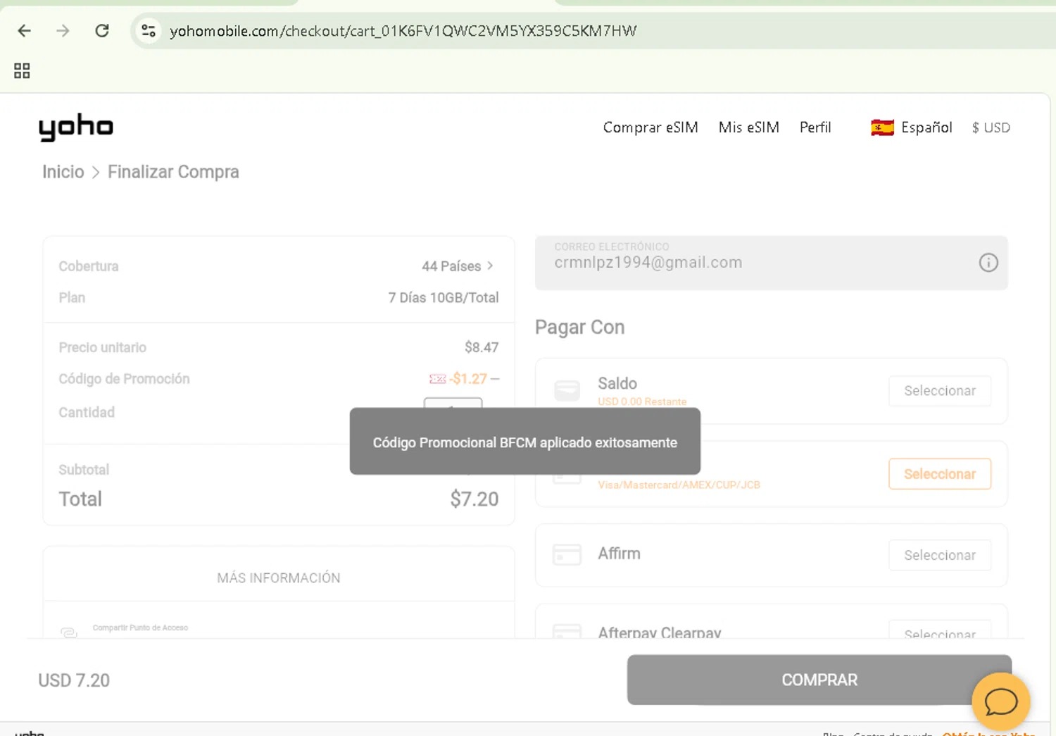 Yoho Mobile promo code screenshot showing code BFCM applied at Yoho Mobile checkout page. Uploaded by SimplyCodes community member NobleSentinel8535 on Oct 1, 2025