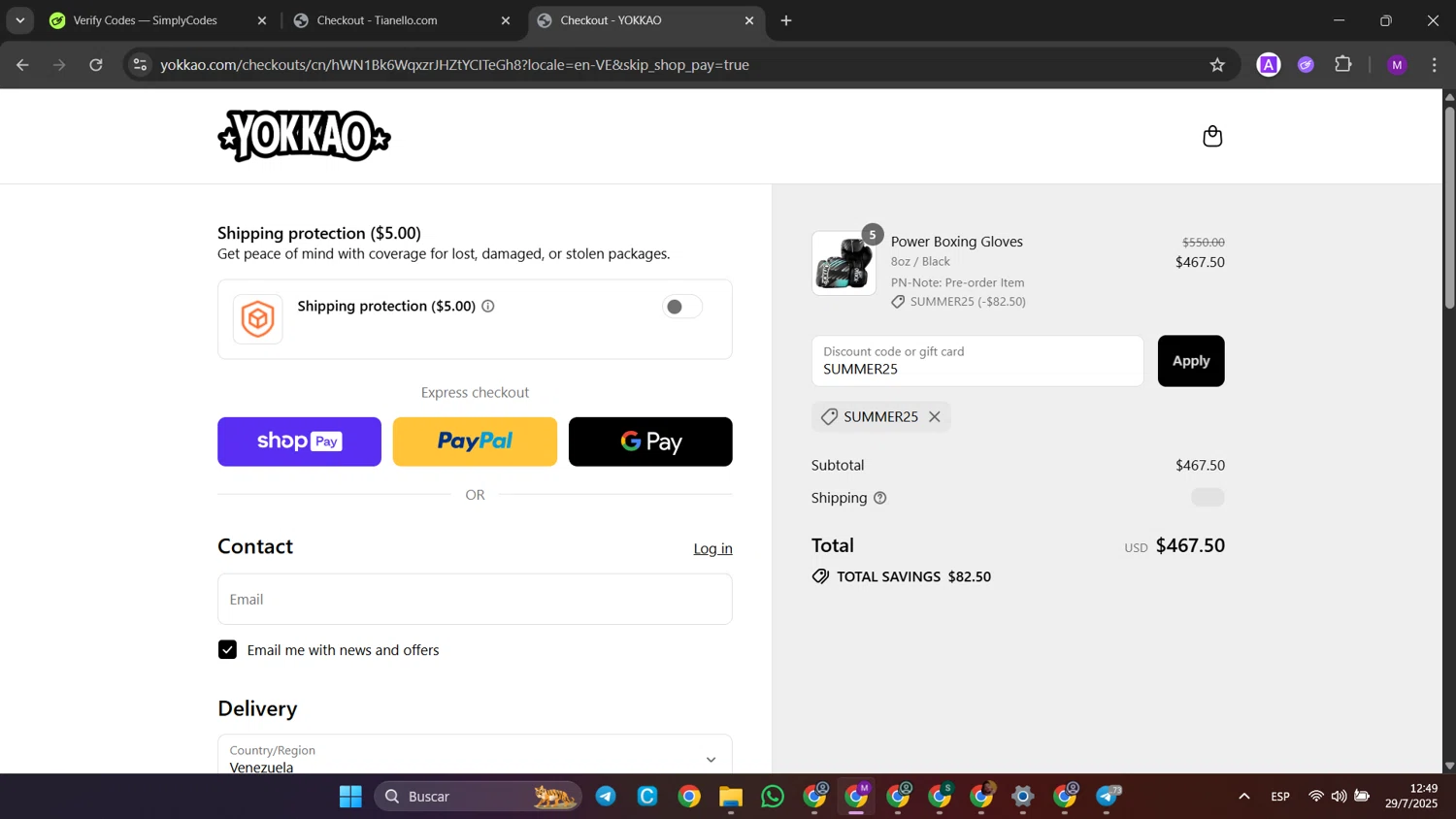 Yokkao Store checkout page showing Yokkao Store promo code box | Screenshot taken by SimplyCodes community member on Jul 29, 2025