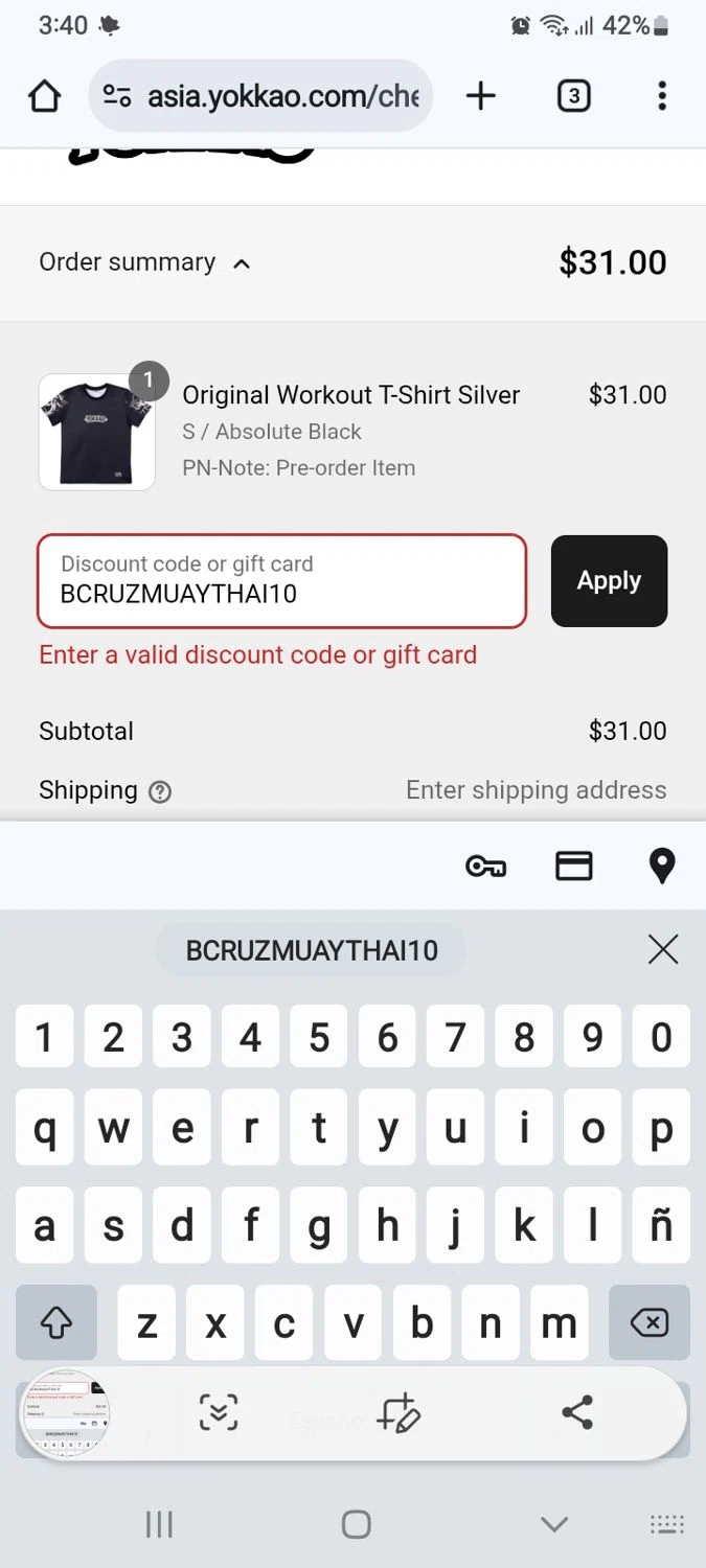 Yokkao Store promo code screenshot showing code BCRUZMUAYTHAI10 applied at Yokkao Store checkout page. Uploaded by SimplyCodes community member PennySaver9600 on Jun 21, 2025
