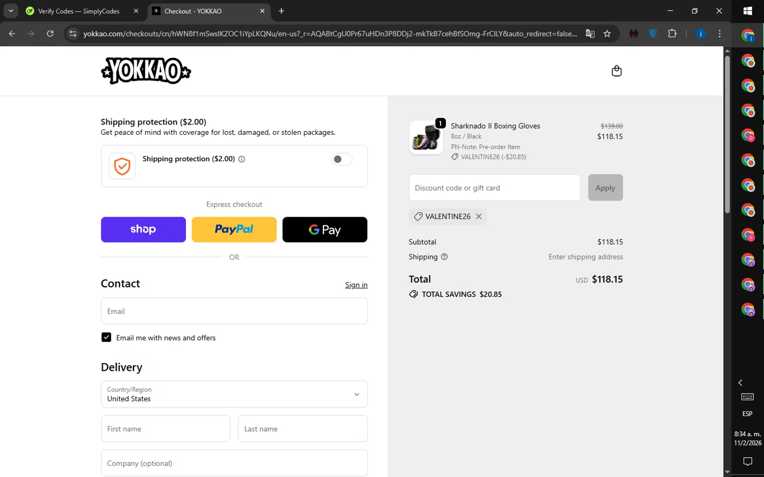 Yokkao Store checkout page showing Yokkao Store promo code box | Screenshot taken by SimplyCodes community member on Feb 11, 2026