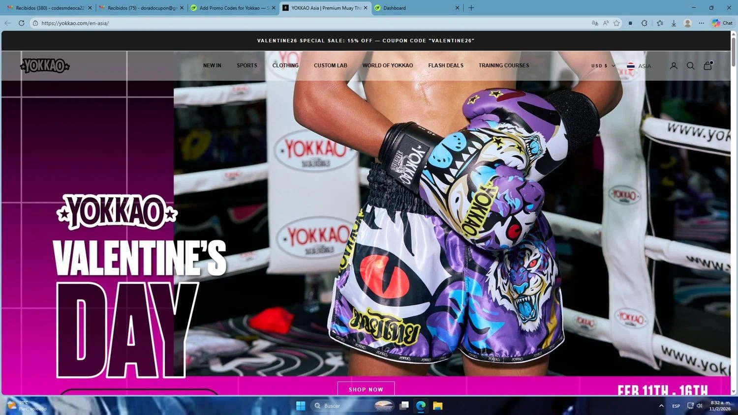 Yokkao Store promo code screenshot showing code VALENTINE26 applied at Yokkao Store checkout page. Uploaded by SimplyCodes community member Mdeoca on Feb 11, 2026