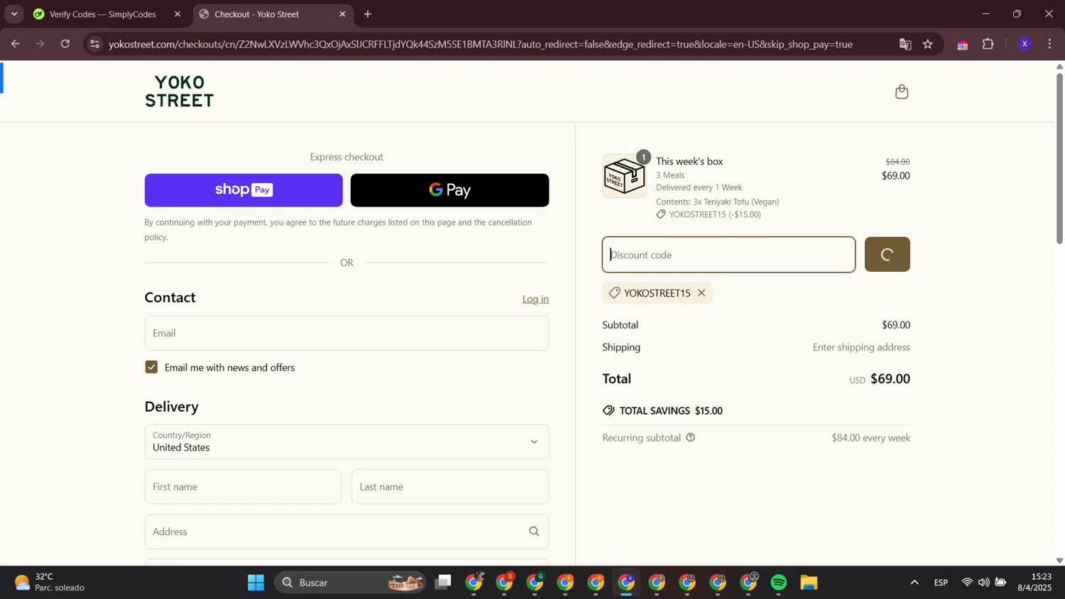 Yoko Street promo code screenshot showing code YOKOSTREET15 applied at Yoko Street checkout page. Uploaded by SimplyCodes community member LewisHamilton on Apr 8, 2025