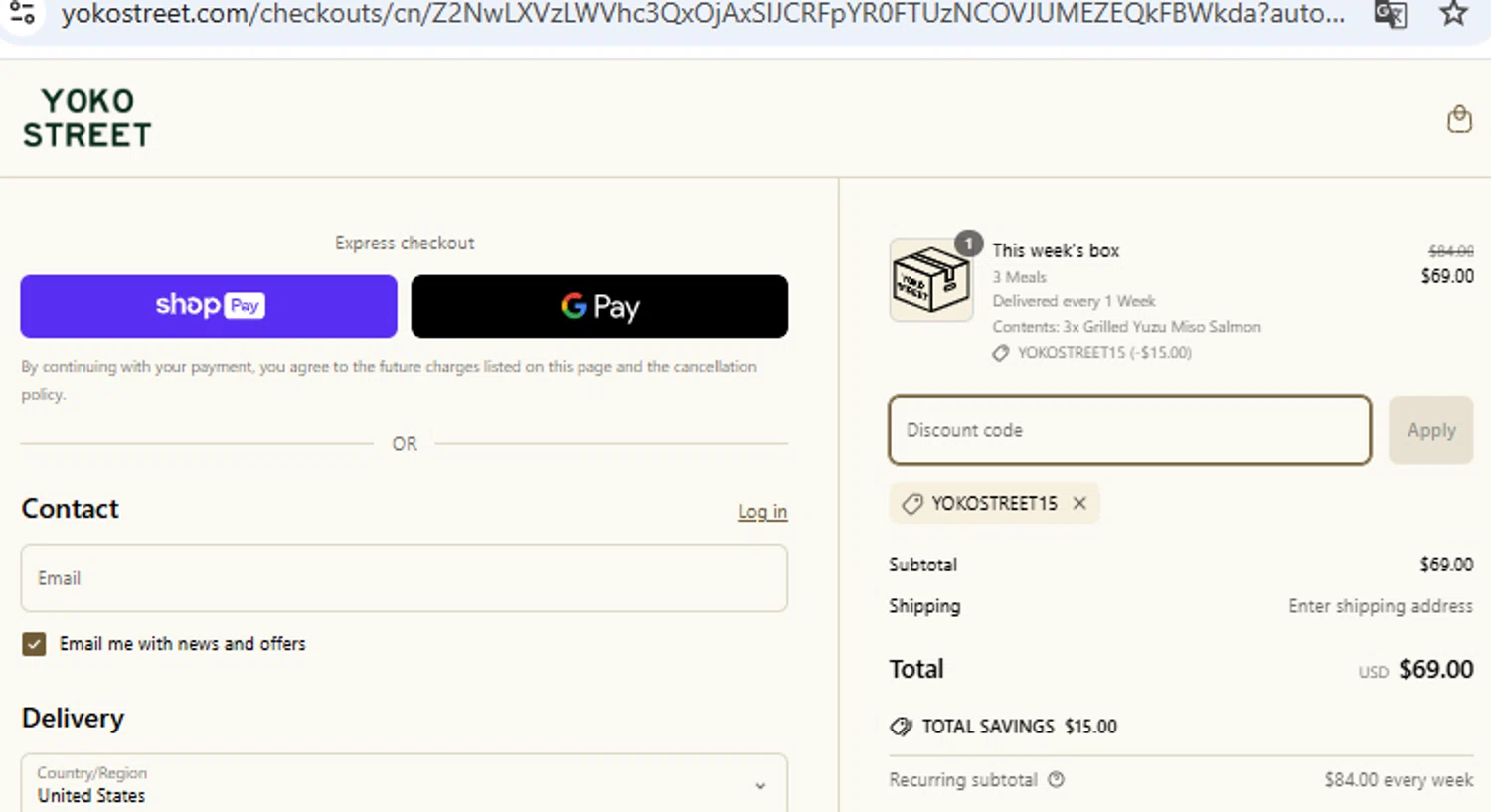 Yoko Street promo code screenshot showing code YOKOSTREET15 applied at Yoko Street checkout page. Uploaded by SimplyCodes community member PennyOwl2559 on Apr 8, 2025