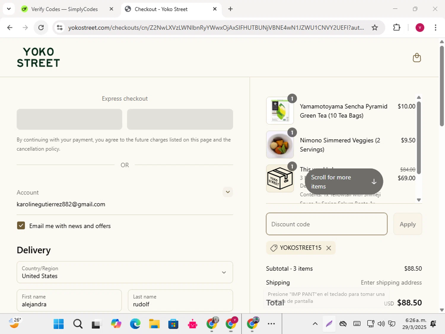 Yoko Street promo code screenshot showing code YOKOSTREET15 applied at Yoko Street checkout page. Uploaded by SimplyCodes community member karoline on Mar 29, 2025