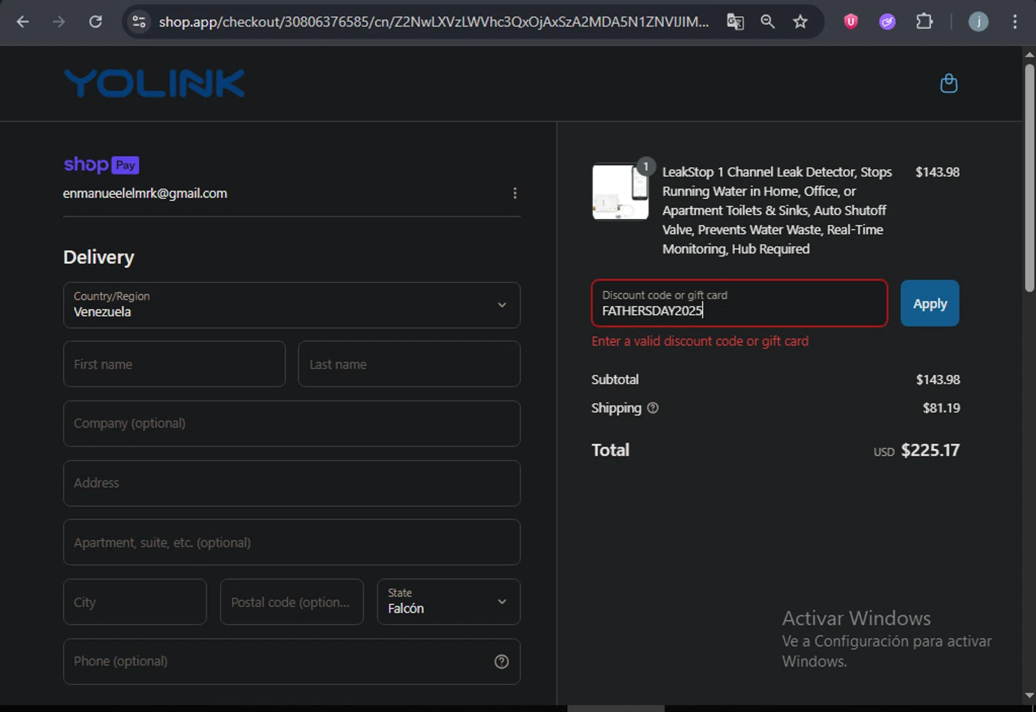 YOLINK discount code screenshot showing code FATHERSDAY2025 applied at YOLINK checkout page. Uploaded by SimplyCodes community member SavingsCurator5849 on Jul 15, 2025