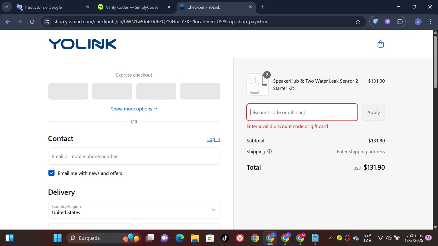 YOLINK discount code screenshot showing code StartSmart applied at YOLINK checkout page. Uploaded by SimplyCodes community member thesoldier on Aug 18, 2025