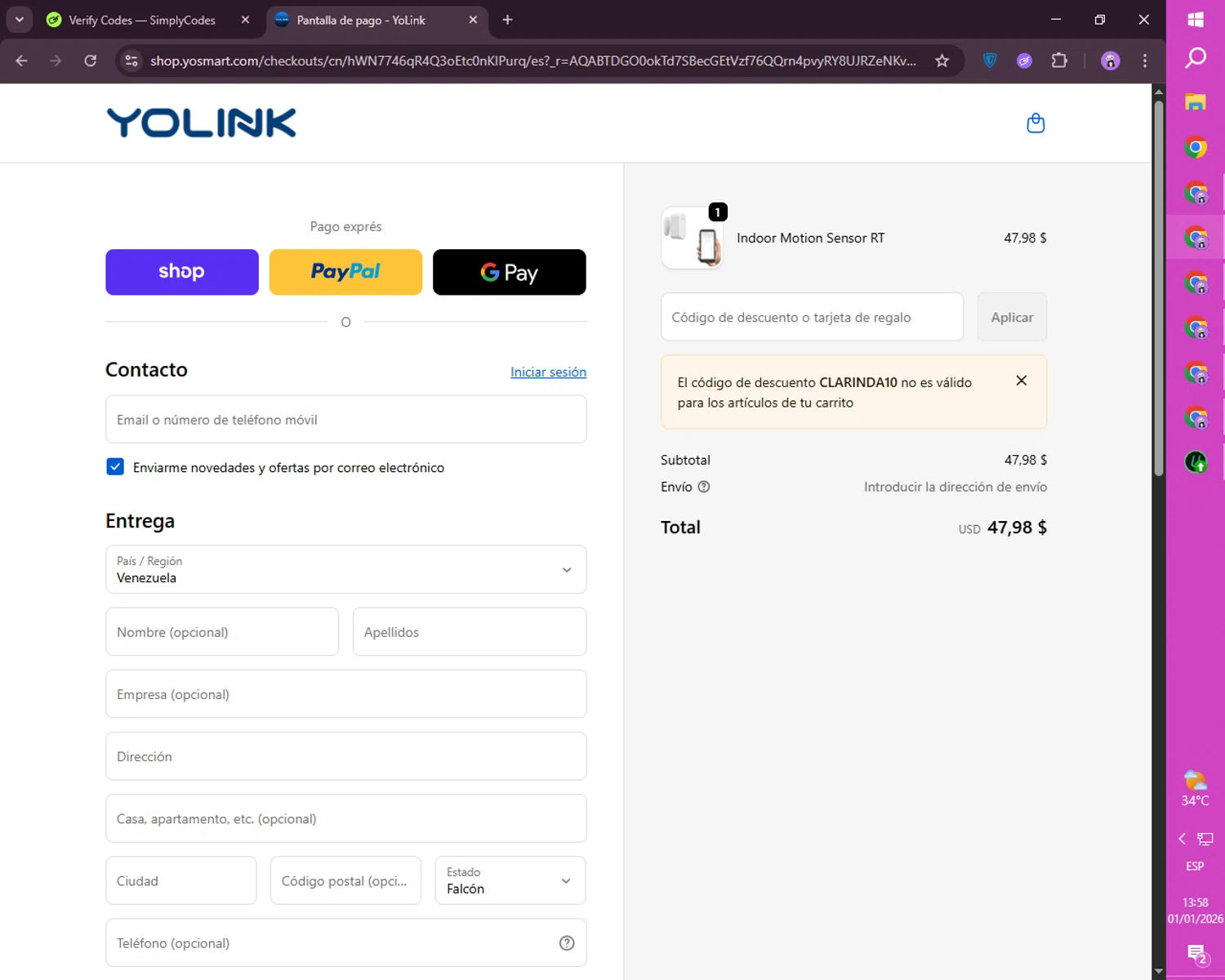 YOLINK checkout page showing YOLINK discount code box | Screenshot taken by SimplyCodes community member on Jan 1, 2026