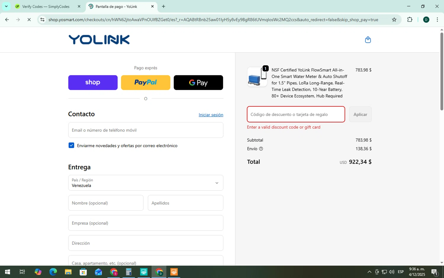 YOLINK discount code screenshot showing code Blackfriday2025 applied at YOLINK checkout page. Uploaded by SimplyCodes community member Rapitaxi on Dec 4, 2025