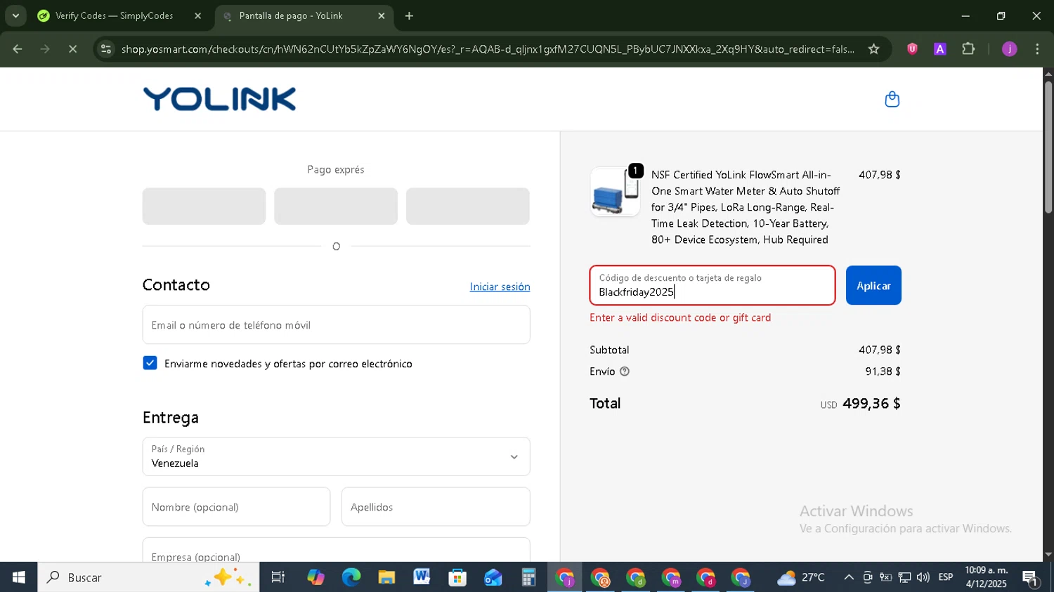 YOLINK discount code screenshot showing code Blackfriday2025 applied at YOLINK checkout page. Uploaded by SimplyCodes community member Tazbravo on Dec 4, 2025