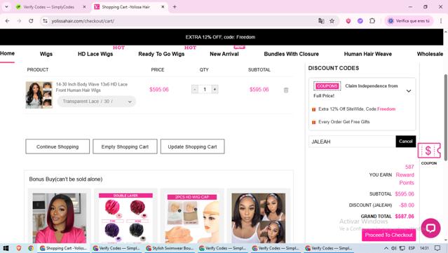 Yolissa Hair checkout page showing Yolissa Hair coupon code box | Screenshot taken by SimplyCodes community member on Jul 8, 2025