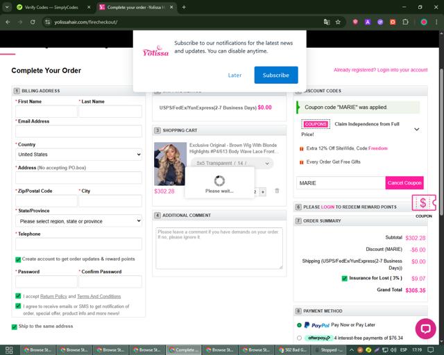 Yolissa Hair checkout page showing Yolissa Hair coupon code box | Screenshot taken by SimplyCodes community member on Jul 14, 2025
