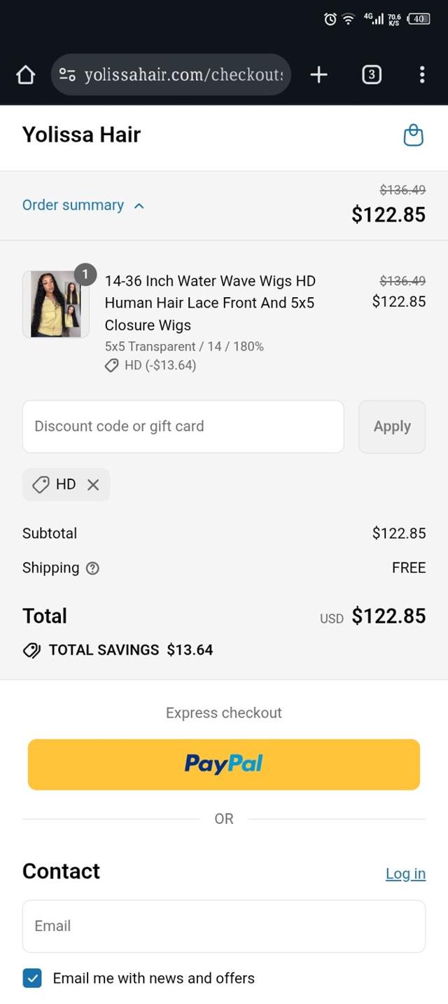 Yolissa Hair checkout page showing Yolissa Hair coupon code box | Screenshot taken by SimplyCodes community member on Jul 23, 2025