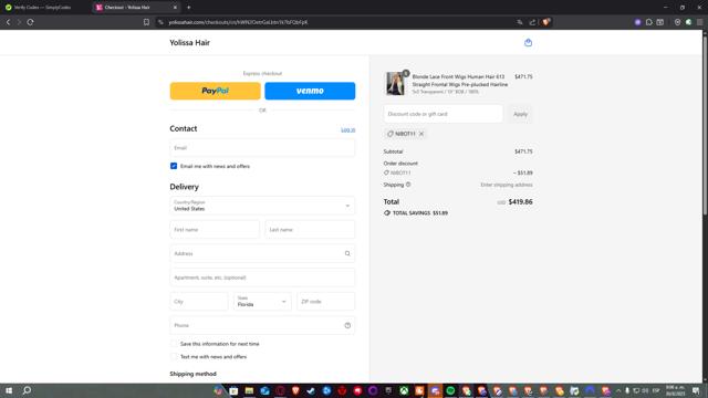Yolissa Hair checkout page showing Yolissa Hair coupon code box | Screenshot taken by SimplyCodes community member on Aug 30, 2025