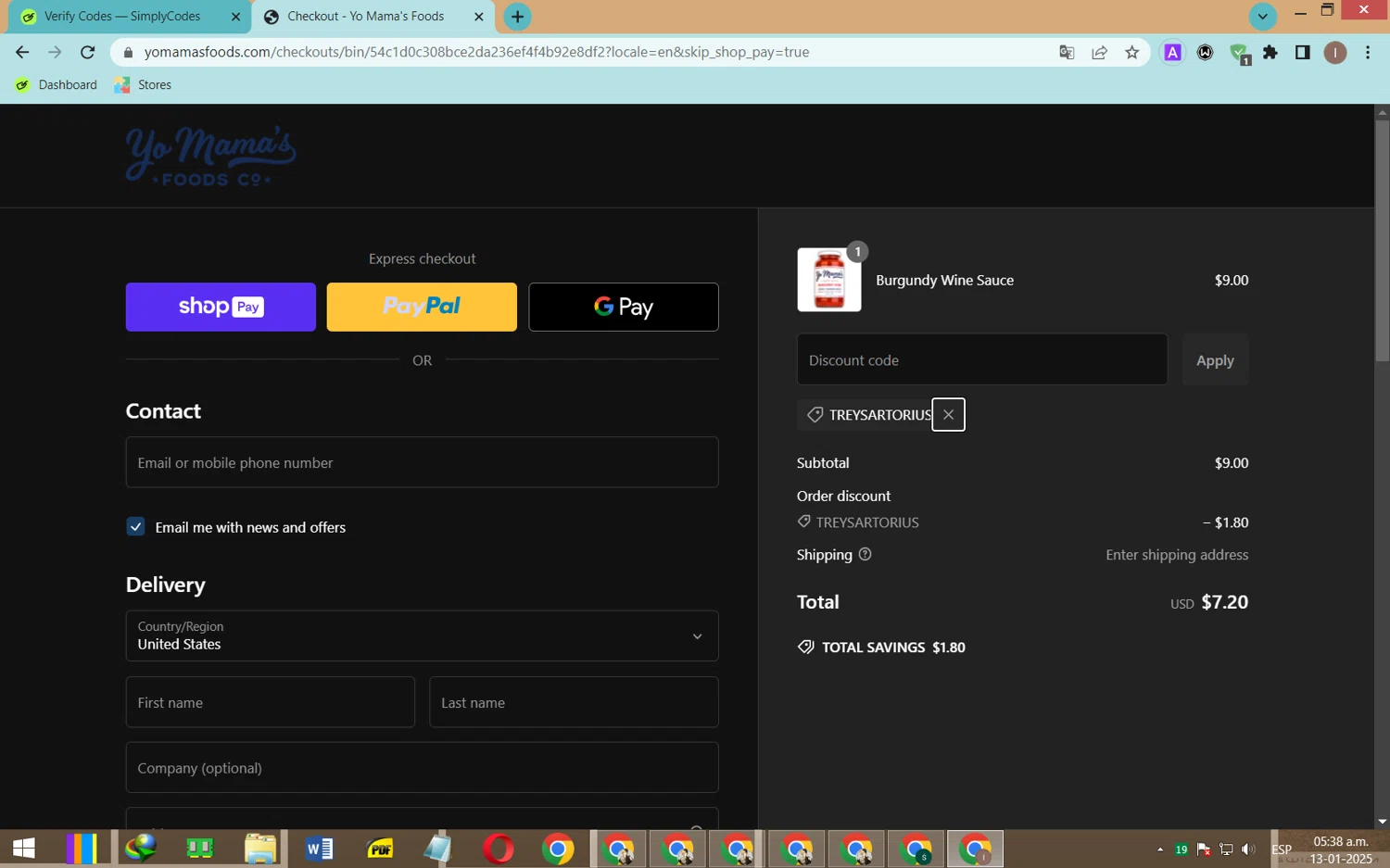 Yo Mama's Food promo code screenshot showing code TREYSARTORIUS applied at Yo Mama's Food checkout page. Uploaded by SimplyCodes community member CleverOwl2485 on Jan 13, 2025