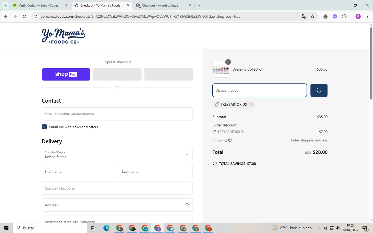 Yo Mama's Food promo code screenshot showing code TREYSARTORIUS applied at Yo Mama's Food checkout page. Uploaded by SimplyCodes community member CleverSpotter6431 on Apr 18, 2025