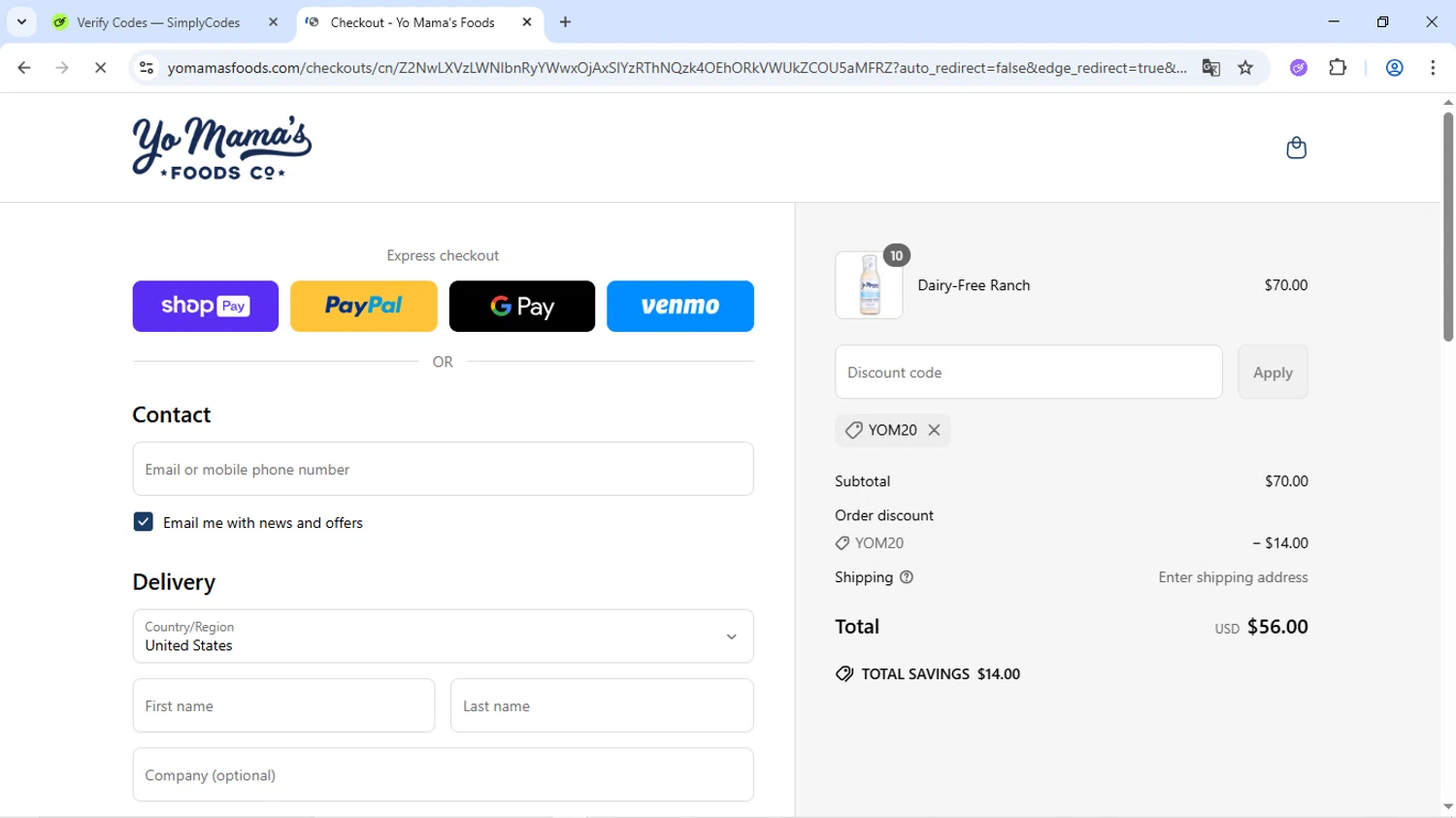 Yo Mama's Food promo code screenshot showing code yom20 applied at Yo Mama's Food checkout page. Uploaded by SimplyCodes community member Alaia2026 on May 12, 2025