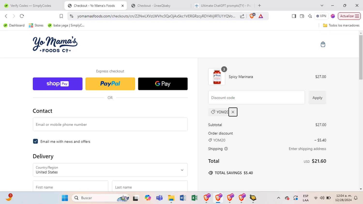 Yo Mama's Food promo code screenshot showing code yom20 applied at Yo Mama's Food checkout page. Uploaded by SimplyCodes community member BrilliantSpotter8809 on Dec 28, 2024