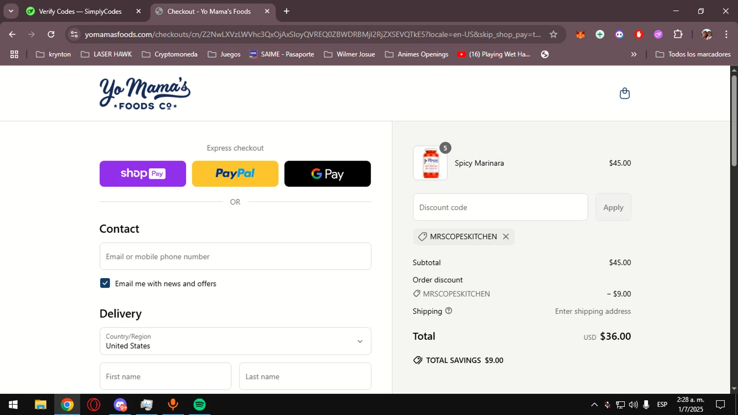 Yo Mama's Food promo code screenshot showing code MRSCOPESKITCHEN applied at Yo Mama's Food checkout page. Uploaded by SimplyCodes community member Anteserachido on Jul 1, 2025