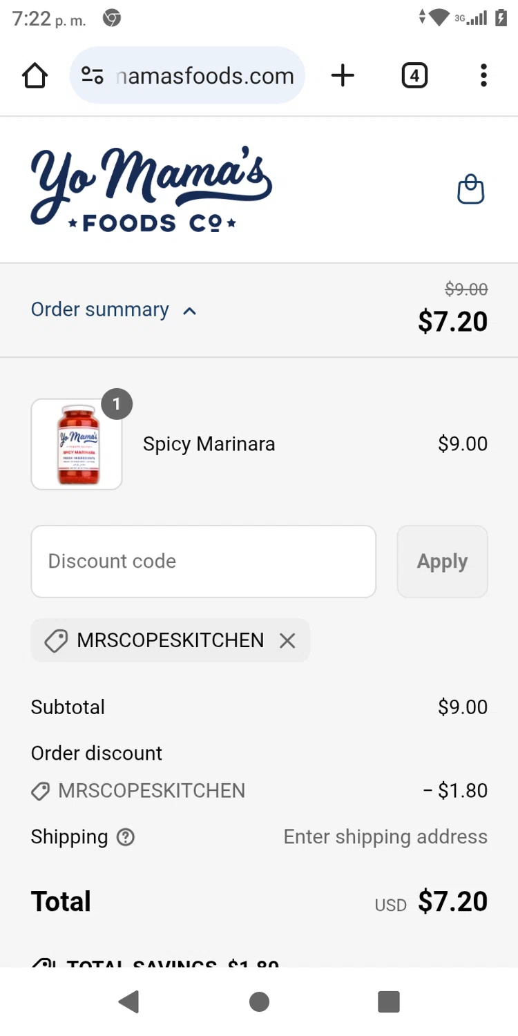 Yo Mama's Food promo code screenshot showing code MRSCOPESKITCHEN applied at Yo Mama's Food checkout page. Uploaded by SimplyCodes community member franksanchez on May 12, 2025