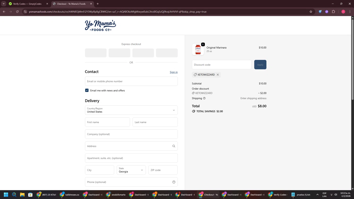 Yo Mama's Food checkout page showing Yo Mama's Food promo code box | Screenshot taken by SimplyCodes community member on Feb 4, 2026
