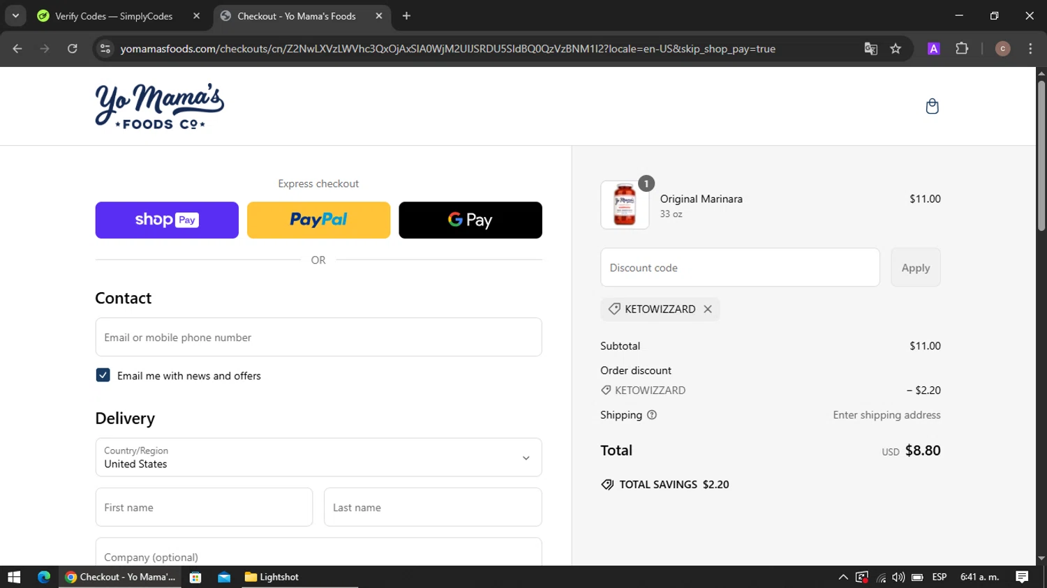 Yo Mama's Food promo code screenshot showing code Ketowizzard applied at Yo Mama's Food checkout page. Uploaded by SimplyCodes community member VoucherRanger901 on Mar 12, 2025