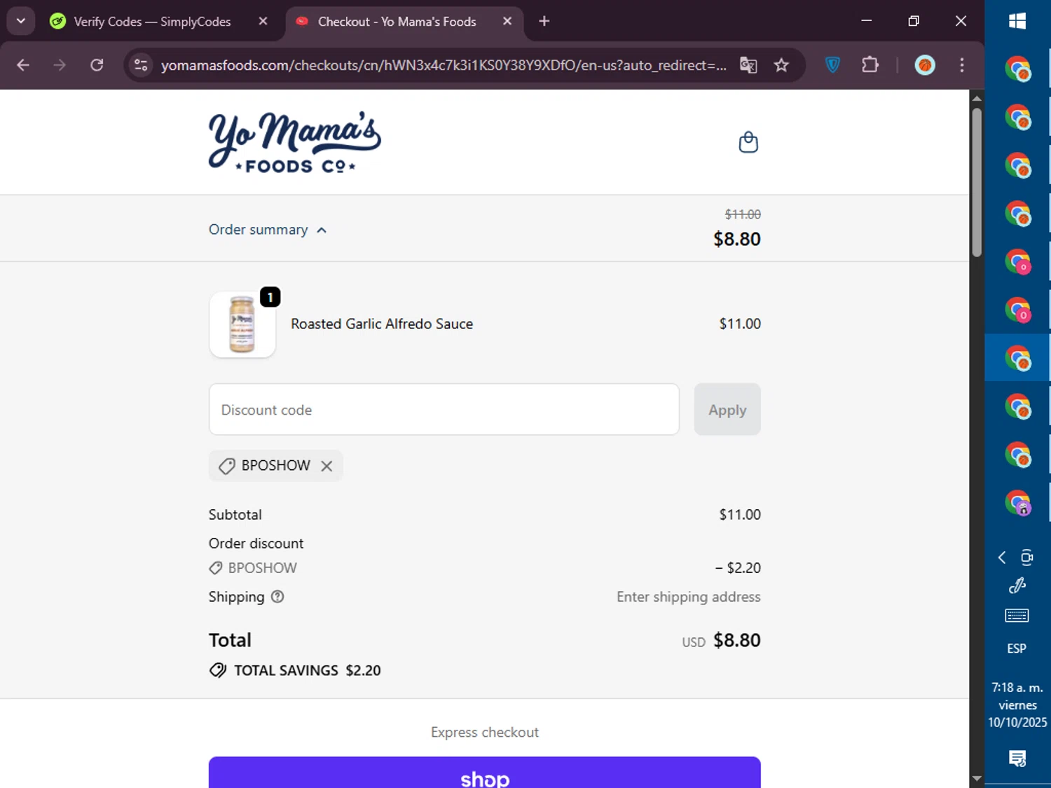 Yo Mama's Food promo code screenshot showing code BPOSHOW applied at Yo Mama's Food checkout page. Uploaded by SimplyCodes community member PromoVoyager8446 on Oct 10, 2025