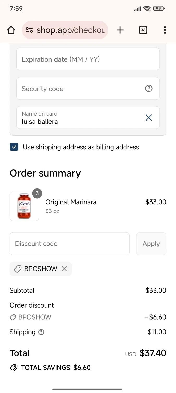 Yo Mama's Food promo code screenshot showing code BPOSHOW applied at Yo Mama's Food checkout page. Uploaded by SimplyCodes community member luisaballera on Jul 18, 2025