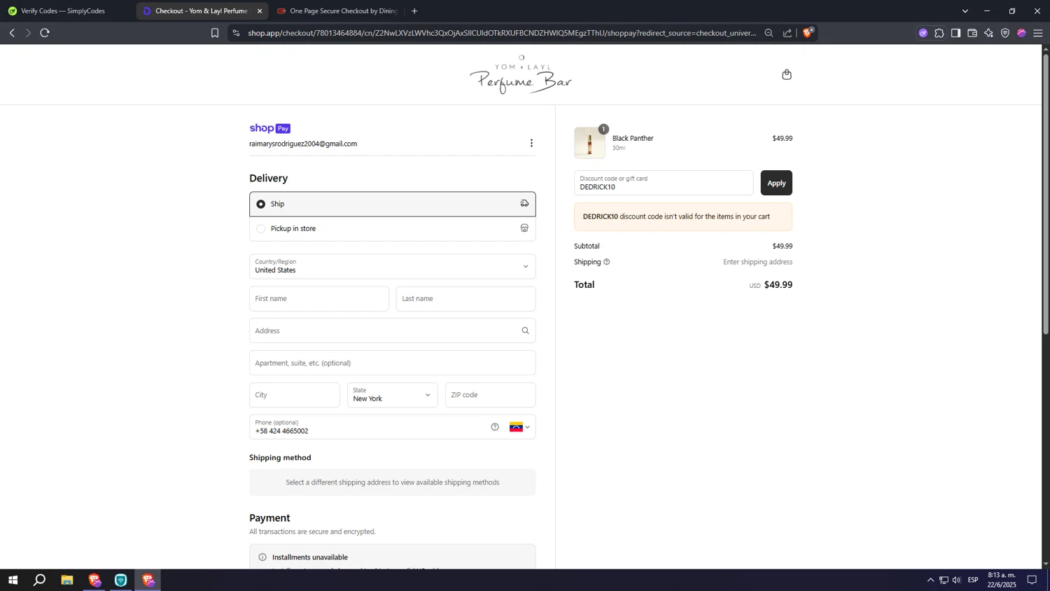 Yom Layl Perfume Bar promo code screenshot showing code DEDRICK10 applied at Yom Layl Perfume Bar checkout page. Uploaded by SimplyCodes community member Nezukooo on Jun 22, 2025