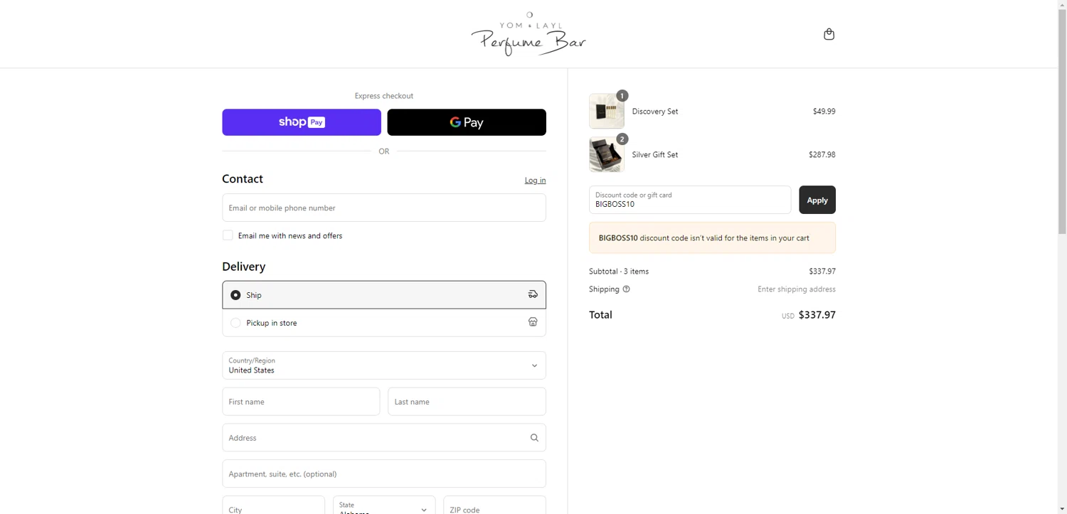 Yom Layl Perfume Bar promo code screenshot showing code BIGBOSS10 applied at Yom Layl Perfume Bar checkout page. Uploaded by SimplyCodes community member SilverChaser3269 on May 29, 2025
