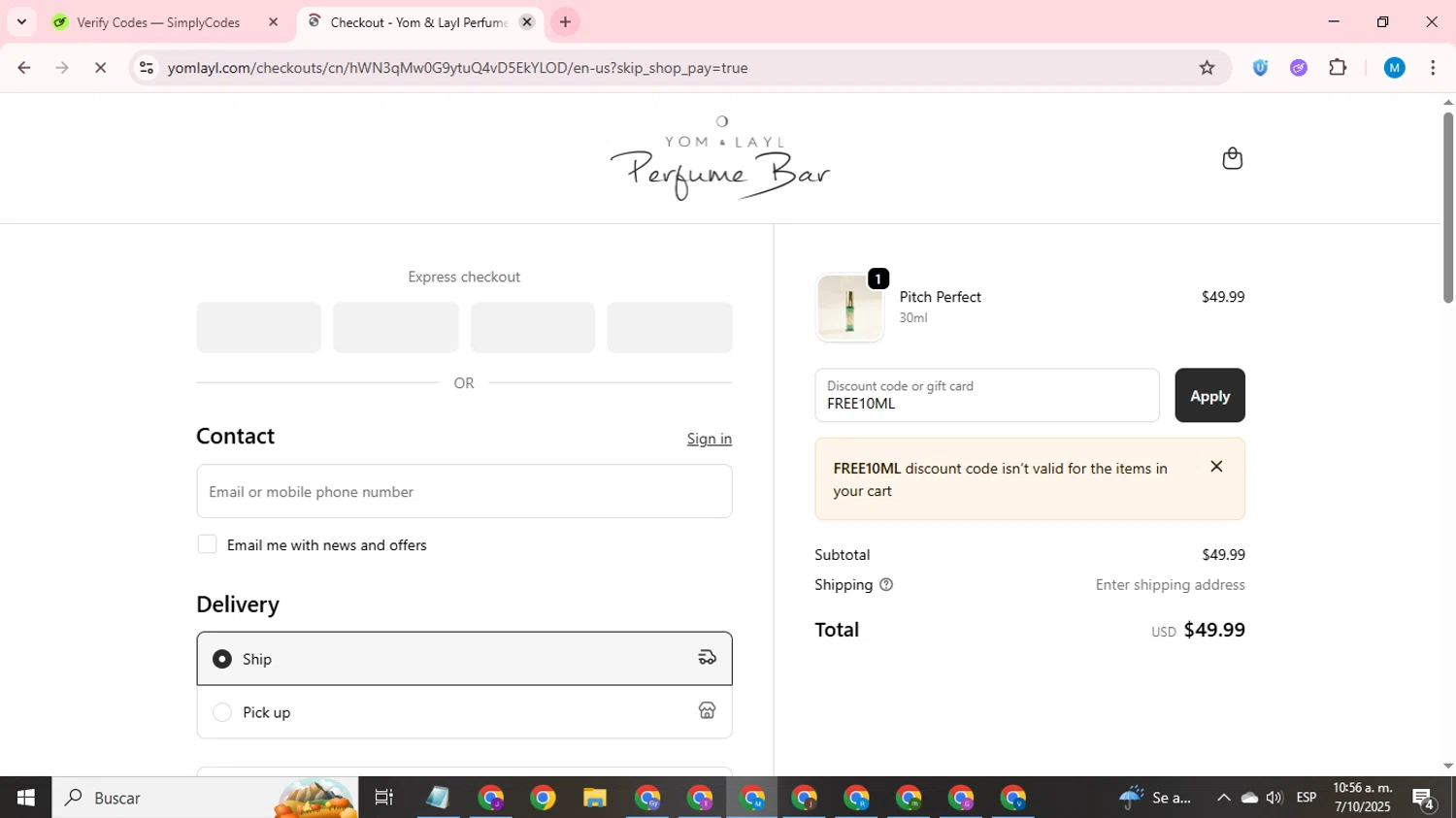 Yom Layl Perfume Bar promo code screenshot showing code FREE10ML applied at Yom Layl Perfume Bar checkout page. Uploaded by SimplyCodes community member LegendaryCurator1585 on Oct 7, 2025