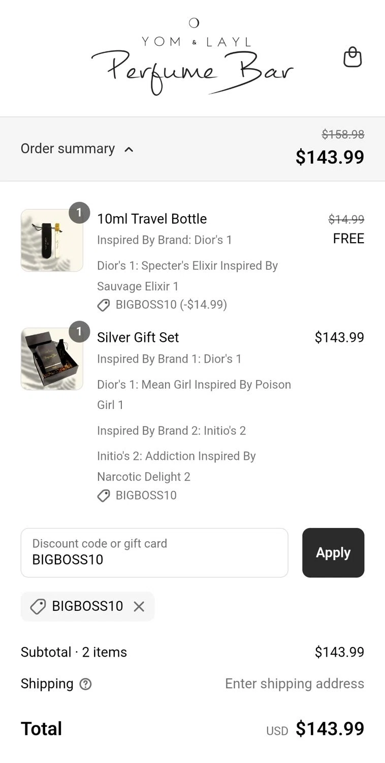 Yom Layl Perfume Bar promo code screenshot showing code BIGBOSS10 applied at Yom Layl Perfume Bar checkout page. Uploaded by SimplyCodes community member JuanMonge on May 29, 2025