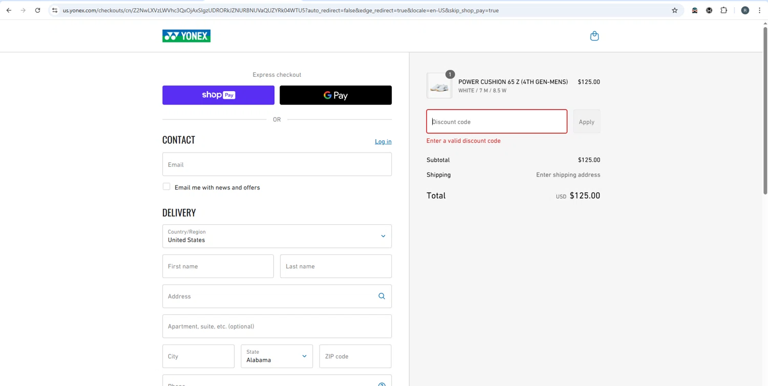 Yonex discount code screenshot showing code WELCOME15 applied at Yonex checkout page. Uploaded by SimplyCodes community member rafaelmarquez on Jun 6, 2025