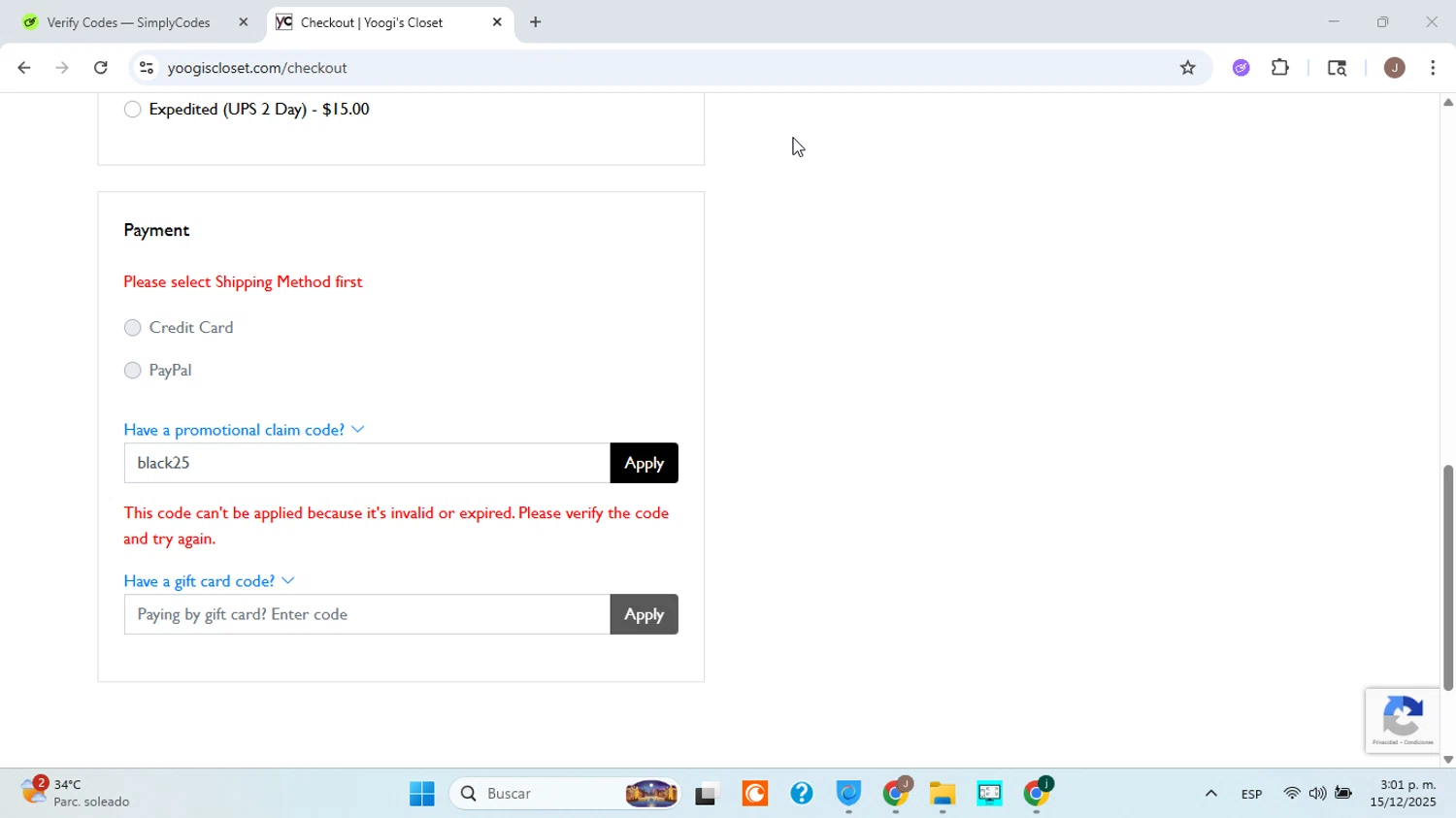 Yoogi's Closet coupon code screenshot showing code black25 applied at Yoogi's Closet checkout page. Uploaded by SimplyCodes community member ABHF23 on Dec 15, 2025