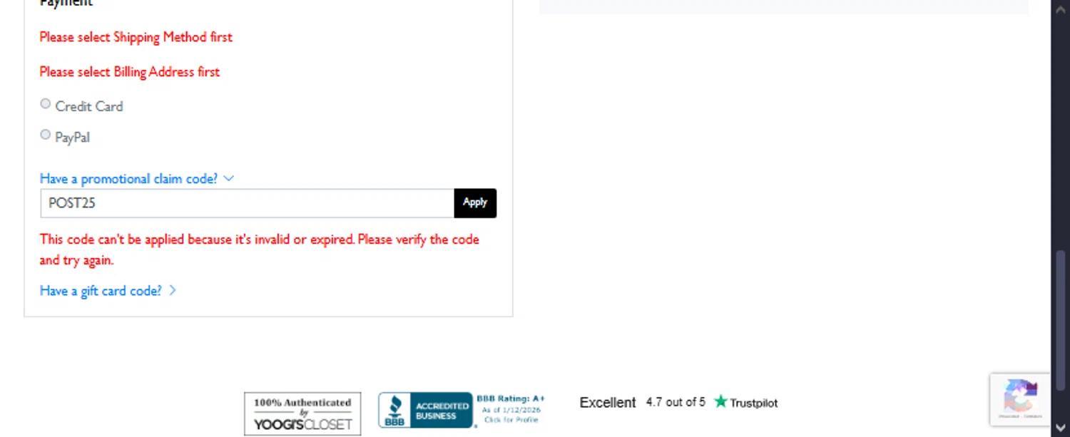 Yoogi's Closet coupon code screenshot showing code POST25 applied at Yoogi's Closet checkout page. Uploaded by SimplyCodes community member TraxoGamer on Jan 16, 2026